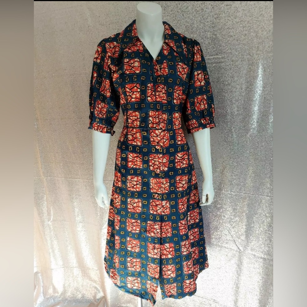 Vintage Colorful Geometric Printed Cotton Midi Shirt Dress XL